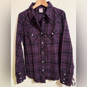 True Religion Purple Plaid Snaps Button-Up Shirt size Medium Women